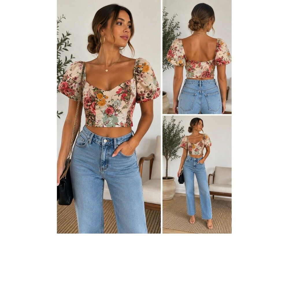 Peach Love Floral Cropped Off The Shoulder Sweetheart Blouse